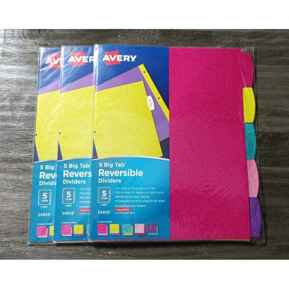 Avery 5 Big Tab Reversible Glitter Sparkle Dividers 3 Packs Pink Purple Yellow